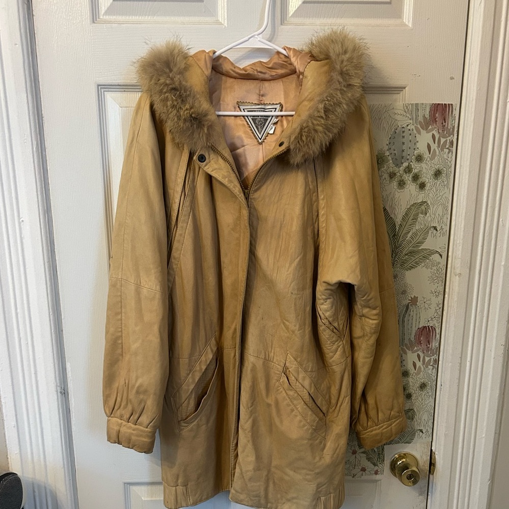 Vintage. J Percy for Marvin Richard’s heavy leather coat with fox fur hood